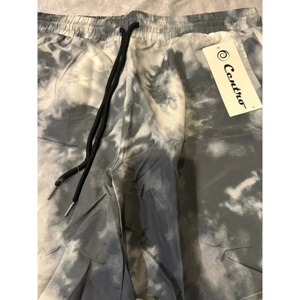 Centro Mens Tie Dye Swim Trunks Grey White MS1003 Mesh Lined Shorts Medium